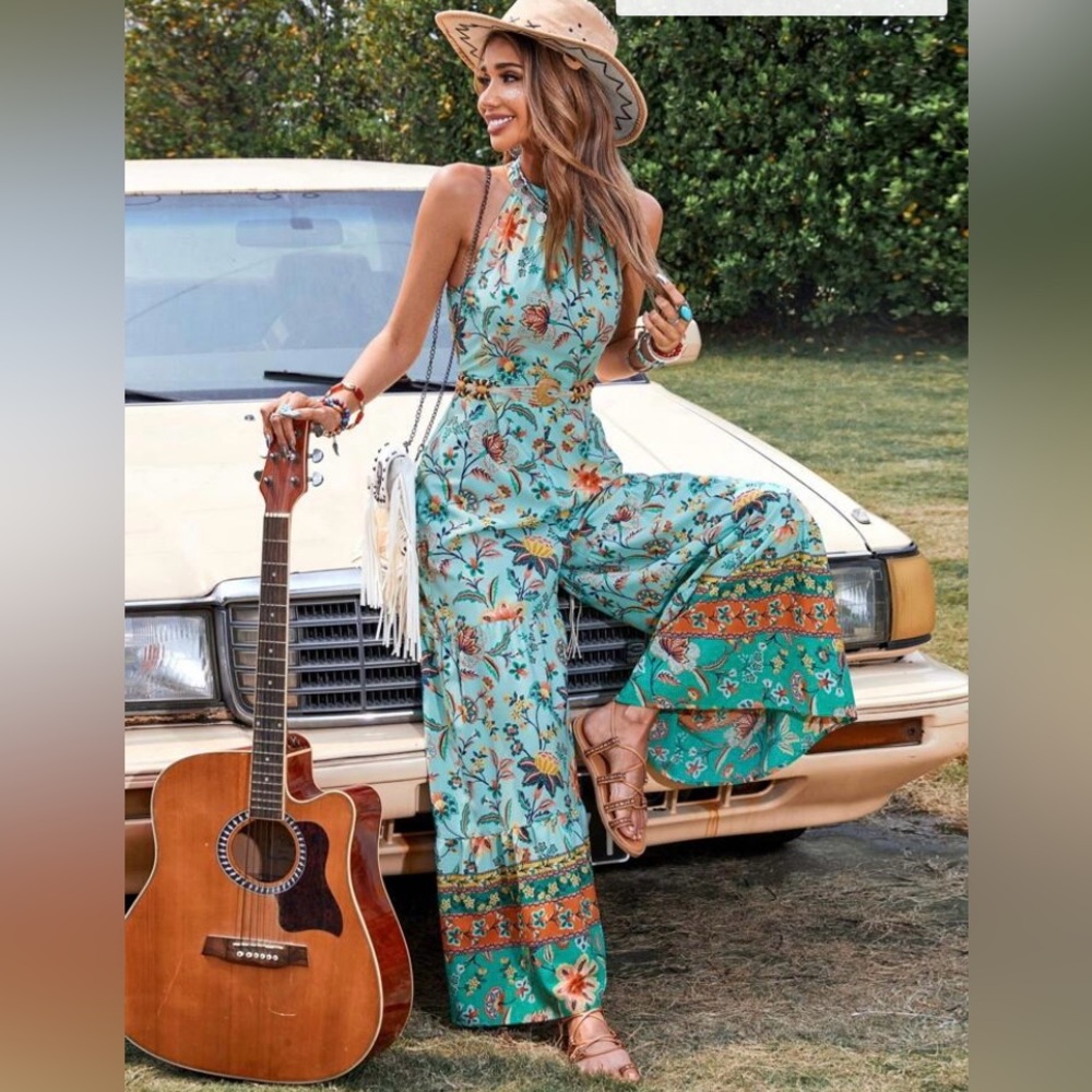 SHEIN VCAY Floral Print Halter Neck Wide Leg Jumpsuit